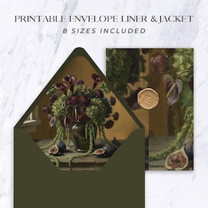 May include: Printable envelope liner and jacket set with 8 sizes included. The design features a still life painting of a floral arrangement with figs. The envelope is olive green, and the card has a gold wax seal.