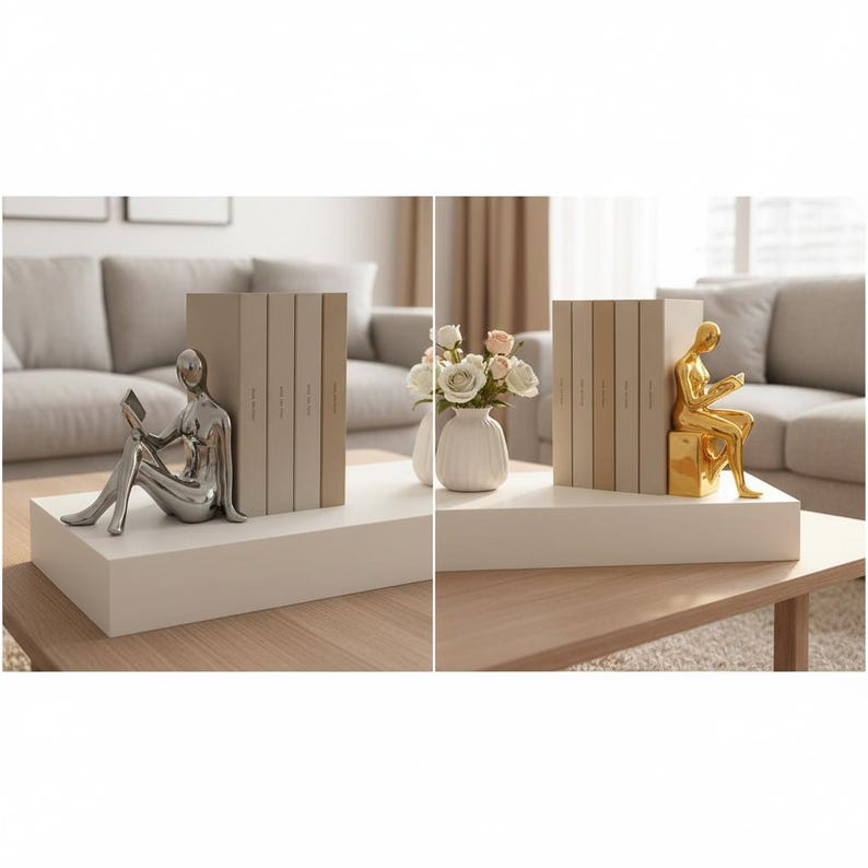 Bookends Set for Organized Shelves, Modern Ceramic Reading Girl Figures ...
