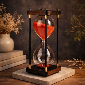 May include: An hourglass with a dark wood frame and black vertical supports. The clear glass bulbs contain vibrant orange sand. Gold-coloured accents are at the top and bottom of the supports. The hourglass sits on a grey stone base.