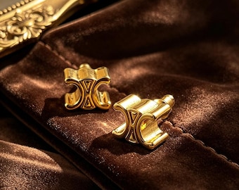 Gold Triomphe Style Stud Earrings, Minimalist Designer-Inspired Earrings, Elegant Everyday Earrings
