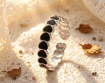 Adjustable Black Enamel Heart Ring, Stainless Steel Silver Open Cuff Stackable Minimalist Band