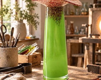 May include: A tall glass vase with a bright lime green body that transitions into a dark brown speckled pattern at the wide, ruffled rim. The vase has a smooth, tapered cylindrical shape and a clear glass base, standing upright on a wooden surface.