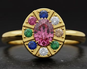 Oval Pink Gemstone Ring, Rainbow Halo Gold Ring, Multicolor Diamond Ring, Unique Engagement Ring, Art Deco Style Ring, Colorful Cluster Ring