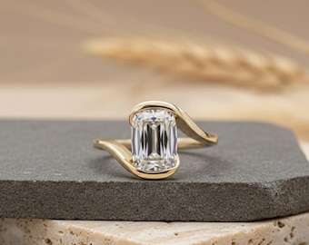 Criss Cut Moissanite Engagement Ring: 14k Yellow Gold Bypass Solitaire for her