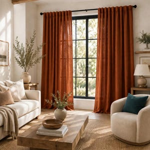 Cortinas de lino y algodón color terracota, 2 paneles, visillos color naranja óxido para sala de estar, filtran la luz o brindan privacidad, con trabillas traseras y bolsillo para barra.