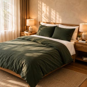 Dark Green Duvet Cover Set, Forest Green Bedding, Olive Green Comforter Cover, Minimalist Modern Bedding, Queen King Linen Look Bed Set