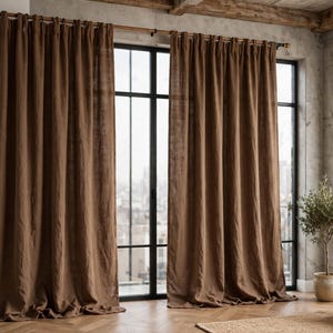 Cortinas de lino y algodón marrón, 2 paneles, cortinas de ventana color marrón chocolate para sala de estar, filtran la luz o brindan privacidad, con trabillas traseras y bolsillo para barra.