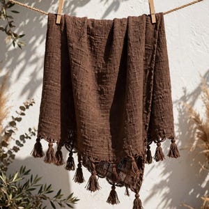 Può includere: Un tessuto rettangolare marrone scuro caratterizzato da una trama intrecciata e testurizzata. Il bordo inferiore è rifinito con una serie di nappe decorative marroni abbinate, appese a piccoli anelli, creando una frangia uniforme.
