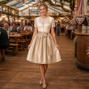 May include: A woman in a traditional Bavarian dirndl dress. The dress has a white lace bodice, a cream-coloured skirt, and a matching bow. The background shows a beer hall with wooden tables and benches.