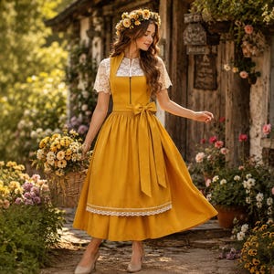 May include: A mustard yellow midi dress featuring a white lace short-sleeve blouse underneath, a front zipper closure, and a matching waist tie. The skirt includes a white lace trim along the hem, paired with a floral crown of yellow and white flowers.
