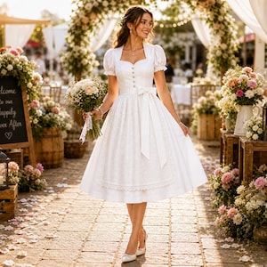Könnte beinhalten: Ein weißes knielanges Hochzeitskleid mit kurzen Puffärmeln, einem quadratischen Ausschnitt und einer Schleife in der Taille. Die Braut hält einen Blumenstrauß. Im Hintergrund befinden sich Blumengestecke und ein Schild mit der Aufschrift "Welcome to our Happily Ever After".