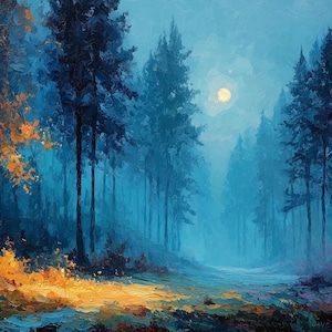 Puede incluir: Pintura al óleo de una escena de bosque con árboles altos y oscuros y un camino que conduce a la distancia. La paleta de colores está dominada por azules y verdes, con acentos de naranja y amarillo. Una luna llena brilla en el cielo.