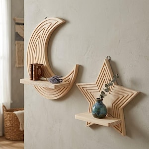 Bohemian Wooden Moon Star Floating Shelves Set, Pine Wood Wall Hanging Flower Pot Display Racks, Boho Home Decor Crystals Planter Shelf