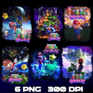 Puede incluir: Una colección de seis imágenes digitales con personajes de Super Mario Galaxy. Cada imagen muestra a Mario en varias poses de acción, acompañado de otros personajes y el logotipo del juego. Las imágenes están ambientadas sobre un fondo oscuro con temática espacial.