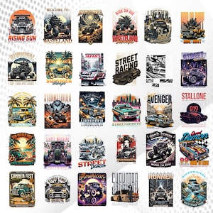 May include: A collection of colorful car-themed stickers with various designs. The stickers feature illustrations of cars, trucks, and other vehicles, with text such as "Rising Sun", "Street Racing", and "Summer Fest". The stickers are suitable for car enthusiasts.