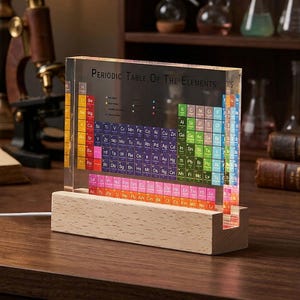 Periodic Table Elements Display with LED Wooden Base, Acrylic Science Decor with 83 Samples