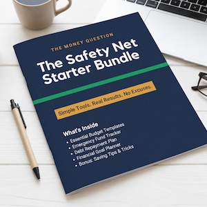 May include: A navy blue booklet titled "The Safety Net Starter Bundle" with green and orange accents. The booklet includes the text "Simple Tools. Real Results. No Excuses." and lists budget templates, a debt repayment plan, and financial goal planner.