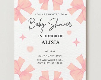 Invitación para baby shower con lazo rosa / Invitación para baby shower de niña / Invitación editable para baby shower / Tarjeta imprimible para baby shower / Diseño moderno