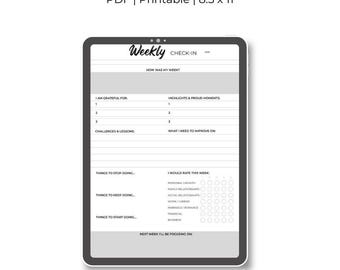 Autoregistro semanal - Gris minimalista / Seguimiento de bienestar en PDF imprimible / PDF de autocuidado de 8,5 x 11 / Descarga digital
