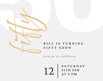 Plantilla editable de invitación para 50 cumpleaños / Canva / Dorado neutro / Descarga instantánea / Invitación para un cumpleaños importante