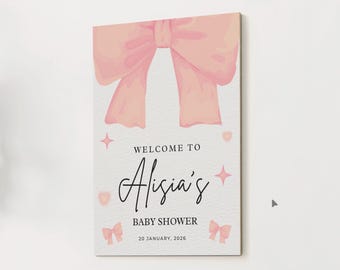 Letrero de bienvenida para baby shower / Letrero de bienvenida con lazo rosa para baby shower de niña / Letrero de bienvenida editable / Decoración imprimible para baby shower
