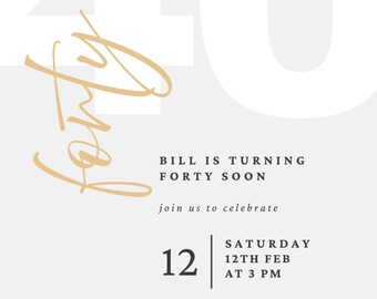 Plantilla editable de invitación para 40 cumpleaños / Canva / Dorado neutro / Descarga instantánea / Invitación para un cumpleaños importante