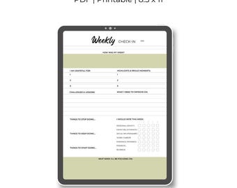 Registro personal semanal - Verde salvia / Seguimiento de bienestar en PDF imprimible / PDF de autocuidado de 8,5 x 11 / Descarga digital