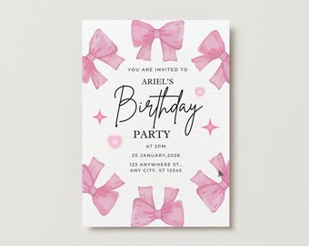 Invitación de cumpleaños con lazo rosa / Plantilla editable de Canva / Invitación para fiesta de cumpleaños de niñas