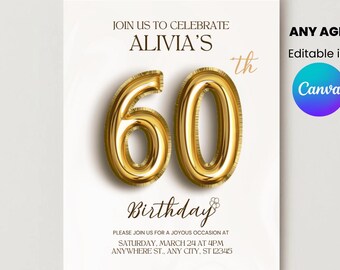 Invitación editable para 60 cumpleaños / Invitación neutral para adultos / Plantilla Canva / Descarga instantánea