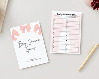 Paquete de juegos para baby shower con lazo rosa + papelería adicional / Juegos editables para baby shower en Canva / Imprimible para baby shower de niña