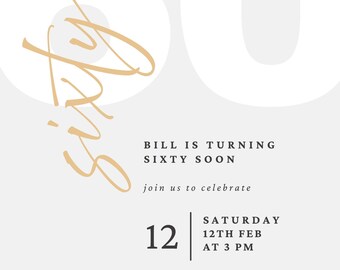 Plantilla editable de invitación para 60 cumpleaños / Canva / Dorado neutro / Descarga instantánea / Invitación para un cumpleaños importante