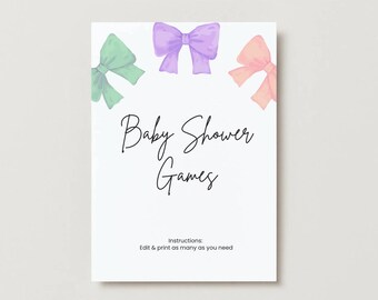 Paquete de juegos para baby shower con lazo + papelería adicional / Juegos para baby shower editables en Canva / Imprimibles para baby shower