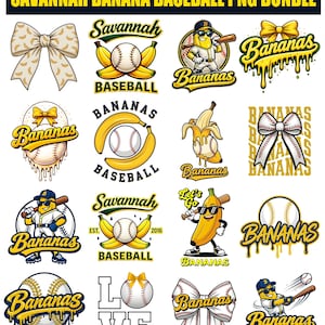 May include: A collection of Savannah Bananas Baseball PNG graphics. The designs feature baseballs, bananas, and the text "Bananas" in various styles. Some designs include a baseball player banana character and bow designs.