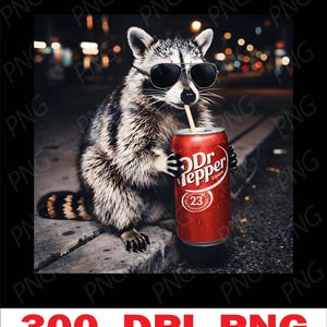 May include: A raccoon with black and white fur wearing dark aviator sunglasses, holding a red Dr Pepper soda can with a straw. The can features the white Dr Pepper logo and a circular emblem with the number 23. The raccoon has a striped tail.
