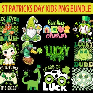May include: A collection of St. Patrick's Day-themed PNG graphics for kids, featuring cartoon characters like a leprechaun, gnome, and duck, along with text like "Lucky Charm" and "Loads of Luck". The designs incorporate green, white, and black colors.