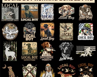 Op de afbeelding: Een verzameling PNG-afbeeldingen met jachtthema's. De ontwerpen tonen honden, eenden, herten en de tekst "Local Boy". Het kleurenpalet omvat tinten bruin, groen en zwart, met enkele ontwerpen met camouflagepatronen.