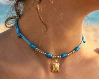 Sea Turtle Charm Choker Necklace – Gold Steel Turtle Pendant, Nylon Cord Custom Color, Dainty Handmade Jewelry, Boho Beach Gift for Her