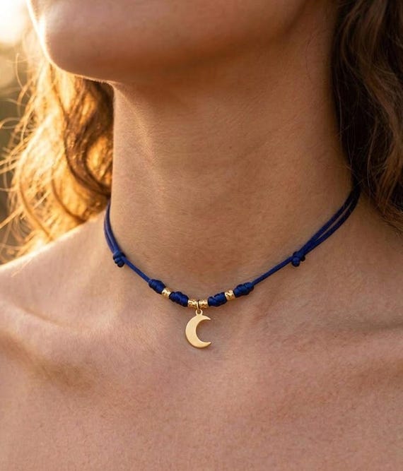 Handmade Adjustable Moon Choker Necklace, Minimalist Nylon Cord Choker, Personalized Gold or Silver Celestial Jewelry, Simple Moon Pendant