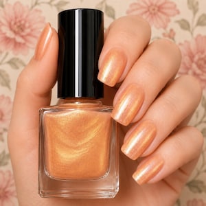 May include: A clear glass bottle of shimmering peach-coloured nail polish with a black cylindrical cap. The polish has a metallic, pearlescent finish, and the liquid inside the bottle matches the peach-coloured polish applied to the fingernails.