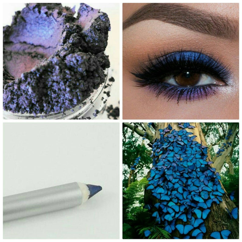 May include: A collage of images featuring a blue eyeshadow, a close-up of an eye with blue eyeshadow, a blue eyeliner pencil, and a tree trunk covered in blue butterflies.