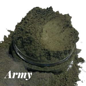 May include: A close-up of a jar of dark green powder labeled "Army".