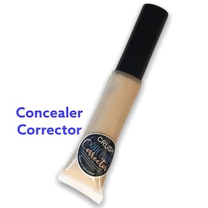 May include: A tube of concealer corrector with a black cap. The tube contains a light beige liquid. The text "Concealer Corrector" is printed in blue. A circular label with the text "Crush Concealer Corrector" is on the tube.