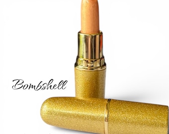 BOMBSHELL, Peach Metallic Lipstick,  Peach Champagne, Pigmented, Vegan,  Cream Formula, Natural Ingredients, Lip Color, Crush Cosmetics