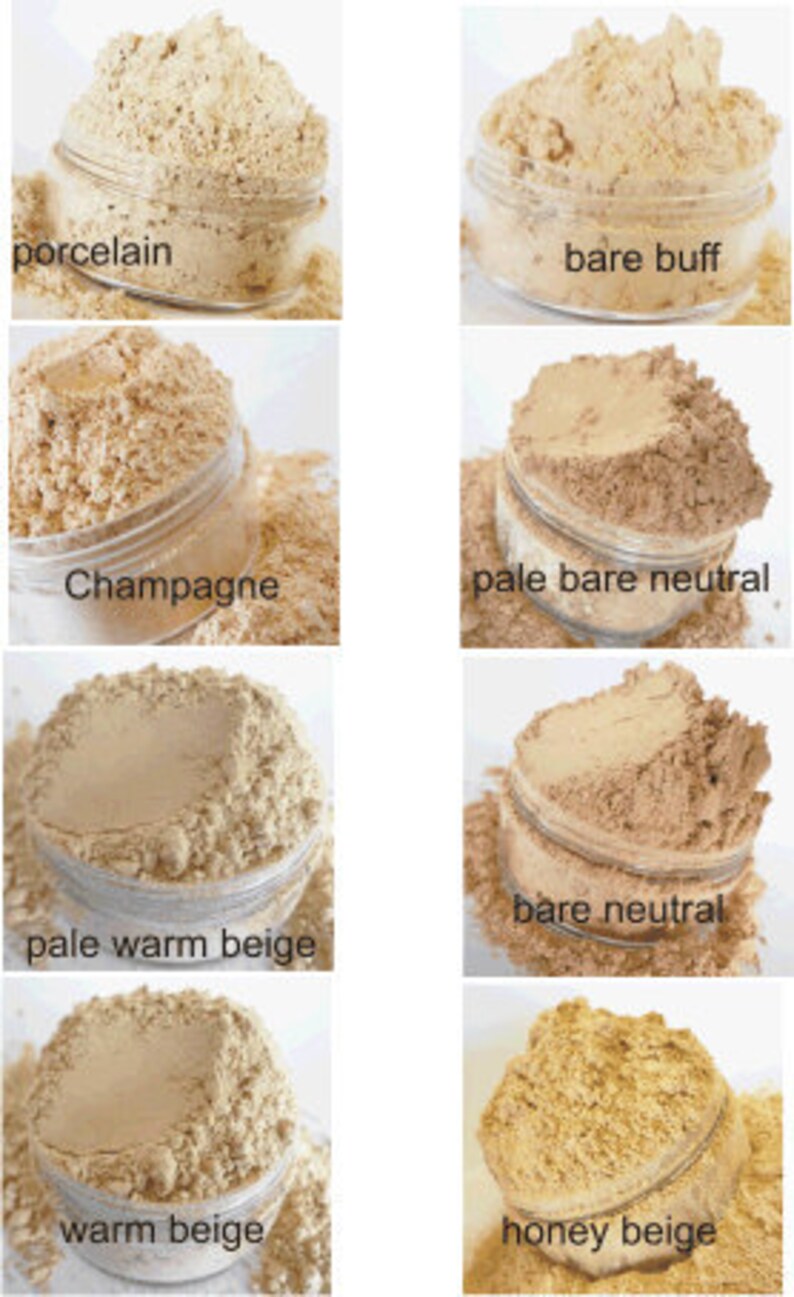 May include: A collection of ten different shades of foundation powder in small glass jars. The shades are labeled: porcelain, bare buff, champagne, pale bare neutral, pale warm beige, bare neutral, warm beige, and honey beige.