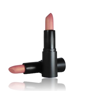 May include: Two tubes of lipstick with a matte black casing. One tube stands vertically while the other rests horizontally at its base. The lipstick bullet is a shimmering, light pink shade with a subtle golden pearl finish and a slanted tip.
