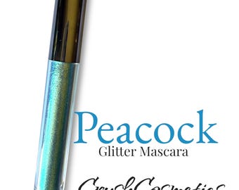 Blue Glitter Mascara, vibrant peacock  iridescent blue, soap water wash off, pigmented, cosmetics, smudge proof, long wearing, lightweight