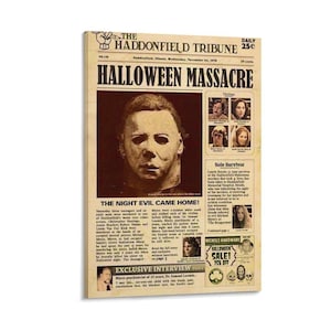 Könnte beinhalten: Ein Leinwanddruck einer Vintage-Zeitung, "The Haddonfield Tribune", mit der Schlagzeile "Halloween Massacre". Das Bild zeigt ein Porträt einer maskierten Figur und mehrere kleinere Fotos. Die Zeitung ist gealtert mit einem Sepia-Ton.