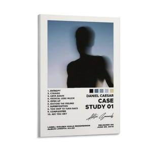 May include: A framed poster featuring the album art for Daniel Caesar's "Case Study 01." The artwork has a blurred silhouette of a person against a blue background. The album title and tracklist are printed in white.