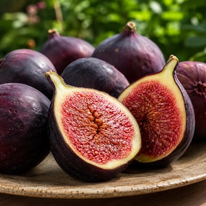 May include: A close-up of several ripe figs, some whole and others cut in half. The figs have a deep purple skin and a vibrant red interior with tiny seeds. They are arranged on a rustic, brown plate, with a blurred green background.