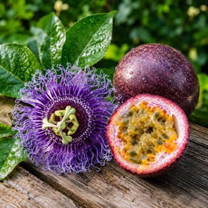 May include: A close-up of a passionflower and passion fruits. The passionflower is a vibrant purple with intricate, thread-like filaments. One whole and one halved passion fruit are shown, revealing the yellow pulp and seeds. Green leaves are in the background.